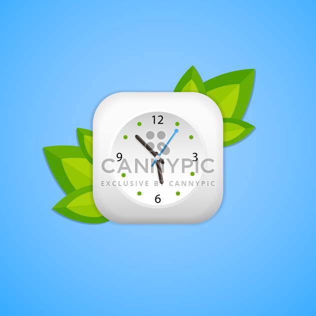 Clock and green leaves on blue background - бесплатный vector #127053