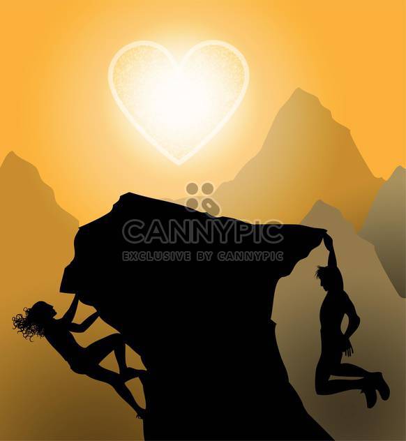 black silhouette of couple climbing on rock with heart shaped sun - Free vector #127223