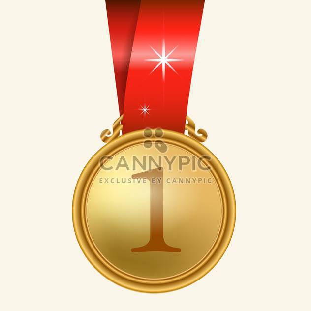 Vector illustration of gold medal with red ribbon on white background - Free vector #128033