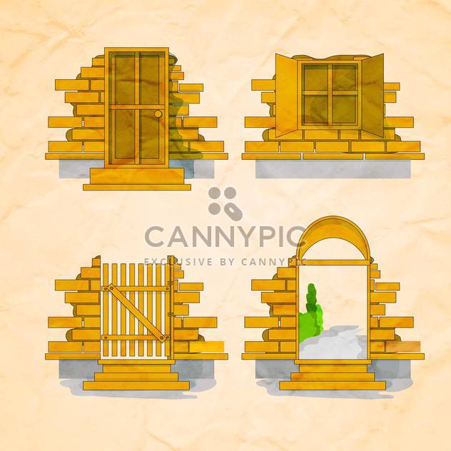 door and window set over brick wall background - бесплатный vector #132603