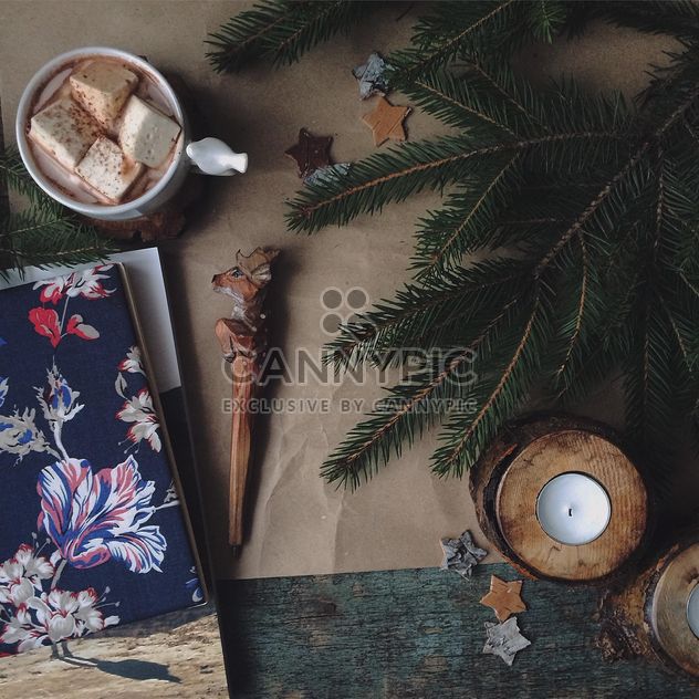 Candles, fir branches and mug of cocoa - Free image #136383