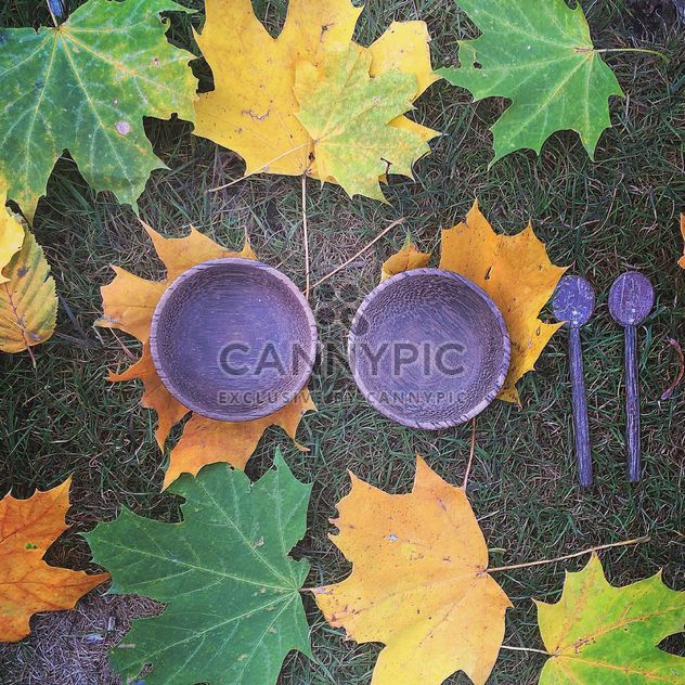 Purple bowls and spoons on autumn maple leaves - бесплатный image #183653