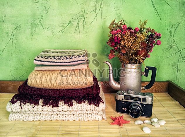 Warm clothes, retro camera and flowers in old teapot on the table - Free image #272303