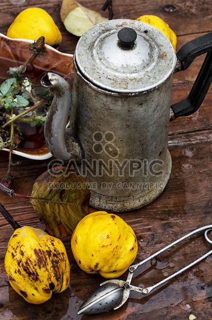 Still life of metal teapot and yellow pears - image gratuit #332773 