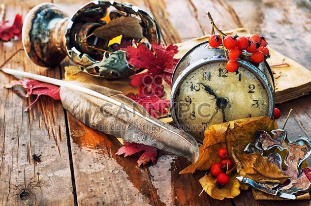 old alarm clock, feather, rowan and autumn leaves on wooden table - Free image #343553