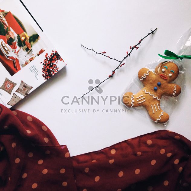 Gingerbread Cookie, twig and open magazine - бесплатный image #348953