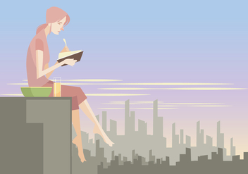 A Girl Reading a Book While Eating Snacks at the Rooftop Vector - Free vector #411143