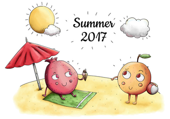 Cute Beach Scene With Cute Character Fruit Taking Sun In Summer - бесплатный vector #434153