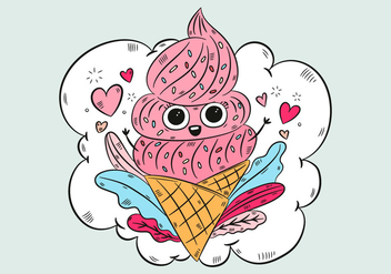 Cute Ice Cream Cone With Leaves Heart And Clouds - Free vector #438623