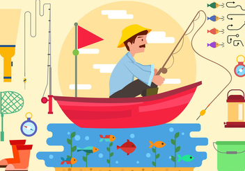 Fisherman With Equipment In Boat Vector - бесплатный vector #442053