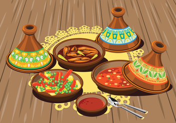 Illustration of Sambal Chicken Tajine Served with Olives and Vegetable Tajine with Rice and Tomato Sauce - Free vector #443363