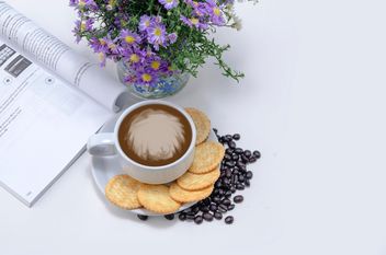 Coffee with crackers, flowers and book - image gratuit #452443 