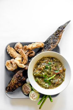 Thai food, streaky pork with crispy crackling and grilled catfish - Free image #452493