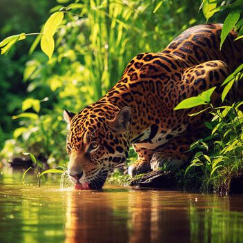 Jaguar drinking in a lush green jungle - image #502583 gratis