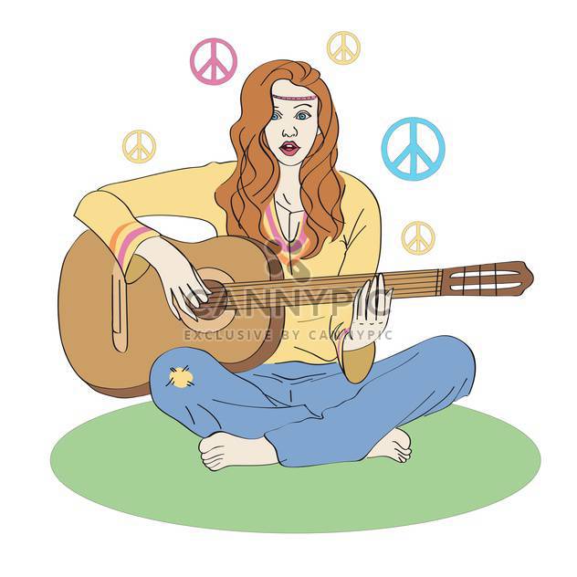 colorful illustration of hippie girl sitting on green grass with guitar - vector gratuit #126443 
