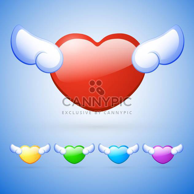 vector set of colorful heart shaped buttons with wings on blue background - Free vector #127603