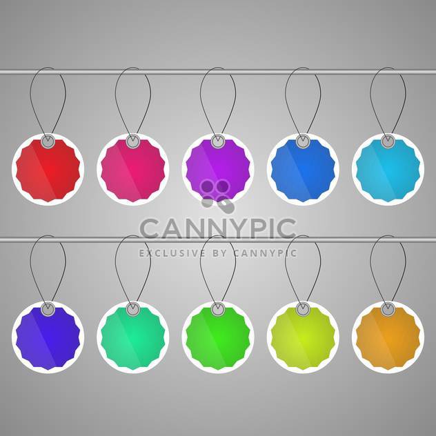 Vector set of colorful tags hanging on ropes on gray background - бесплатный vector #129403