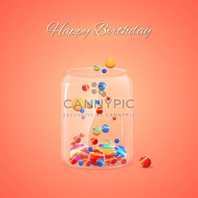 Happy Birthday card with jar of colorful candies on orange background - vector gratuit #129583 