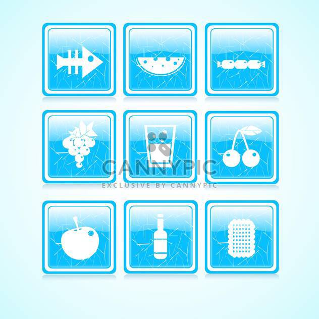 Vector set of blue food icons on square buttons collection - Free vector #129673