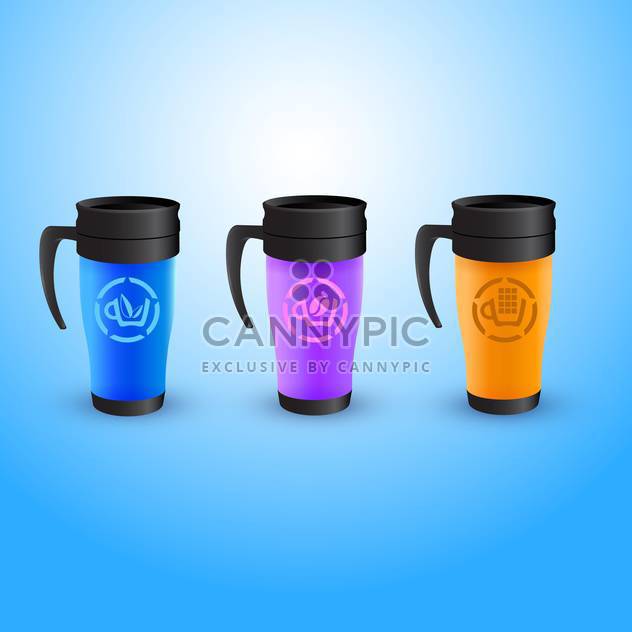 Vector illustration of three colorful thermos coffee cups on blue background - vector #129873 gratis
