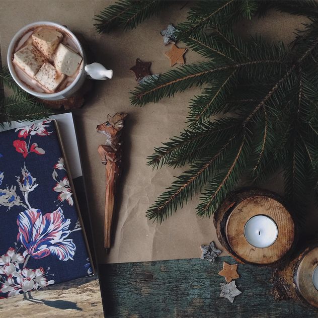 Candles, fir branches and mug of cocoa - Free image #136383