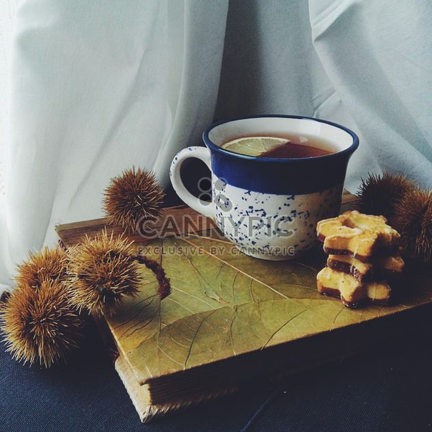 Tea, cookies and prickly fruit on book - бесплатный image #272223