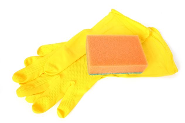 Rubber gloves and a sponge on a white background. #goyellow - image gratuit #272603 