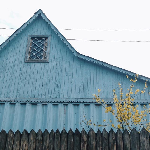 blue wooden house and yellow tree - image #304133 gratis