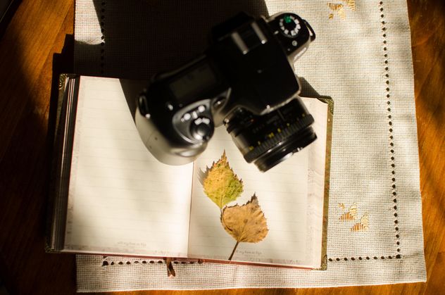 Nikon f60 with book and autumn yellow leaves - image gratuit #330393 
