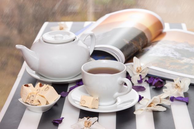 Hot tea with sweets and magazine - Free image #350303