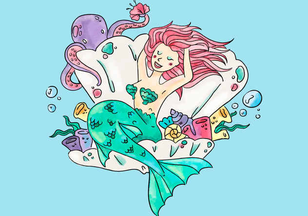 Cute Mermaid Inside A Ostyer And Flowers With Octopus - Free vector #440333