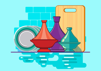 Moroccan Tajine Collection with Plate and Kitchen Background - vector gratuit #442433 