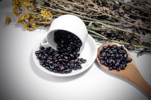 Coffee beans in cup and wooden spoon and dry flowers on white background - бесплатный image #452453