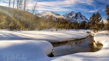 Stanley Lake Creek in winter with sunrays streaking through forest - бесплатный image #496023